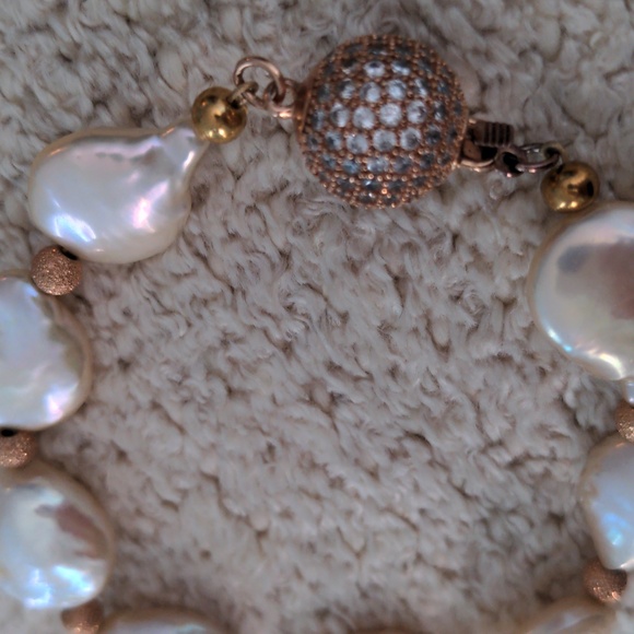 Lustrous Baroque Pearl& Rose Gold Bead Bracelet, Crystal Ball Clasp, 7", New - Picture 6 of 10